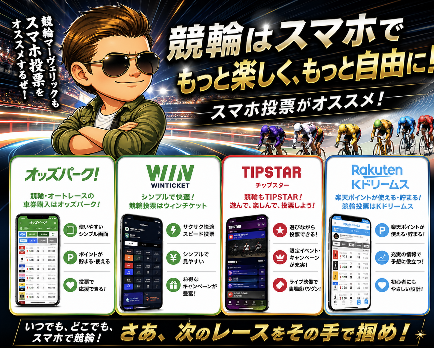 競輪初心者でも簡単！スマホ投票おすすめ4選（オッズパーク・ウィンチケット・TIPSTAR・楽天Kドリームス）をマーヴェリックが解説